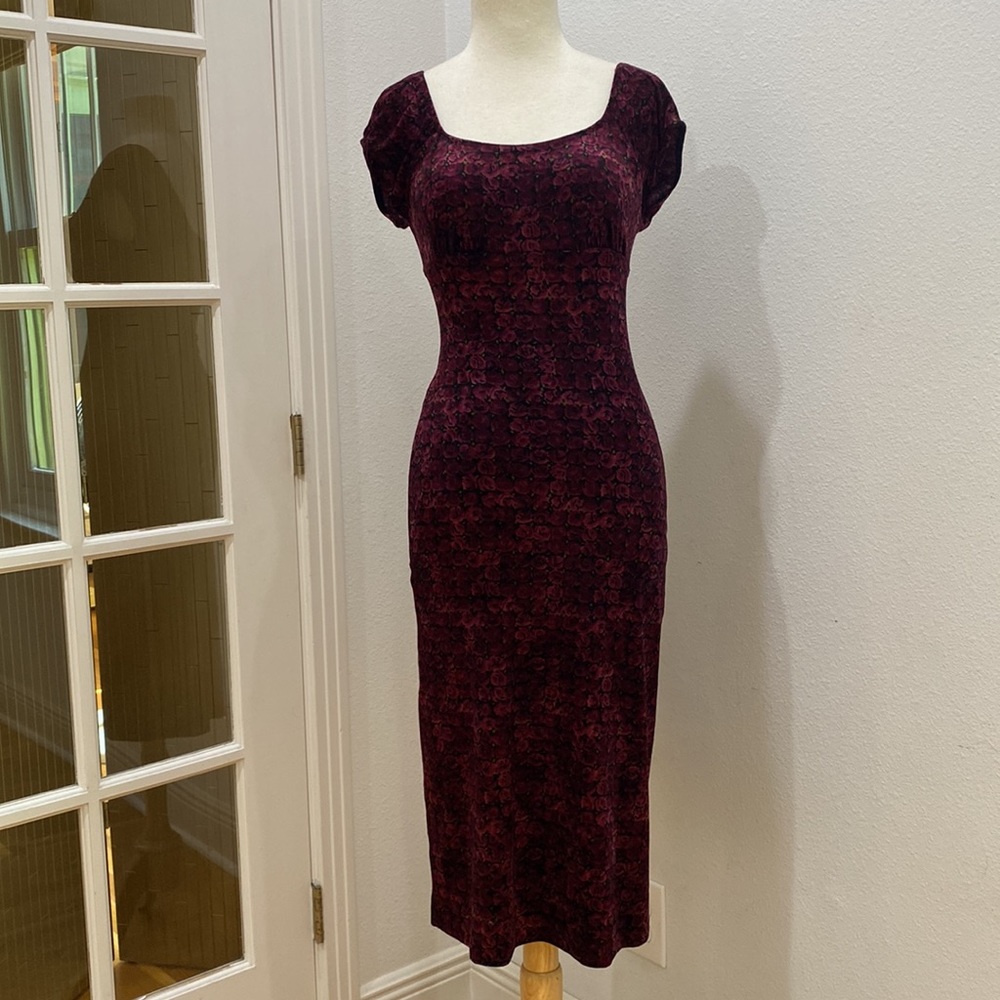Vintage 90s Y2K 🥀 Betsey Johnson Milkmaid Stretch Purple Rose Print Dress, XS